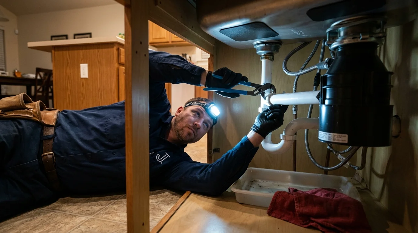 P-trap and supply line connections under a kitchen sink showing a common leak point in Jasper, AL